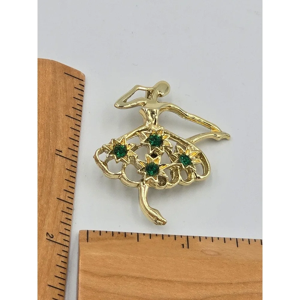 Vintage Gerry's Signed Ballerina Brooch Pin - Gold Tone & Green Rhinestones